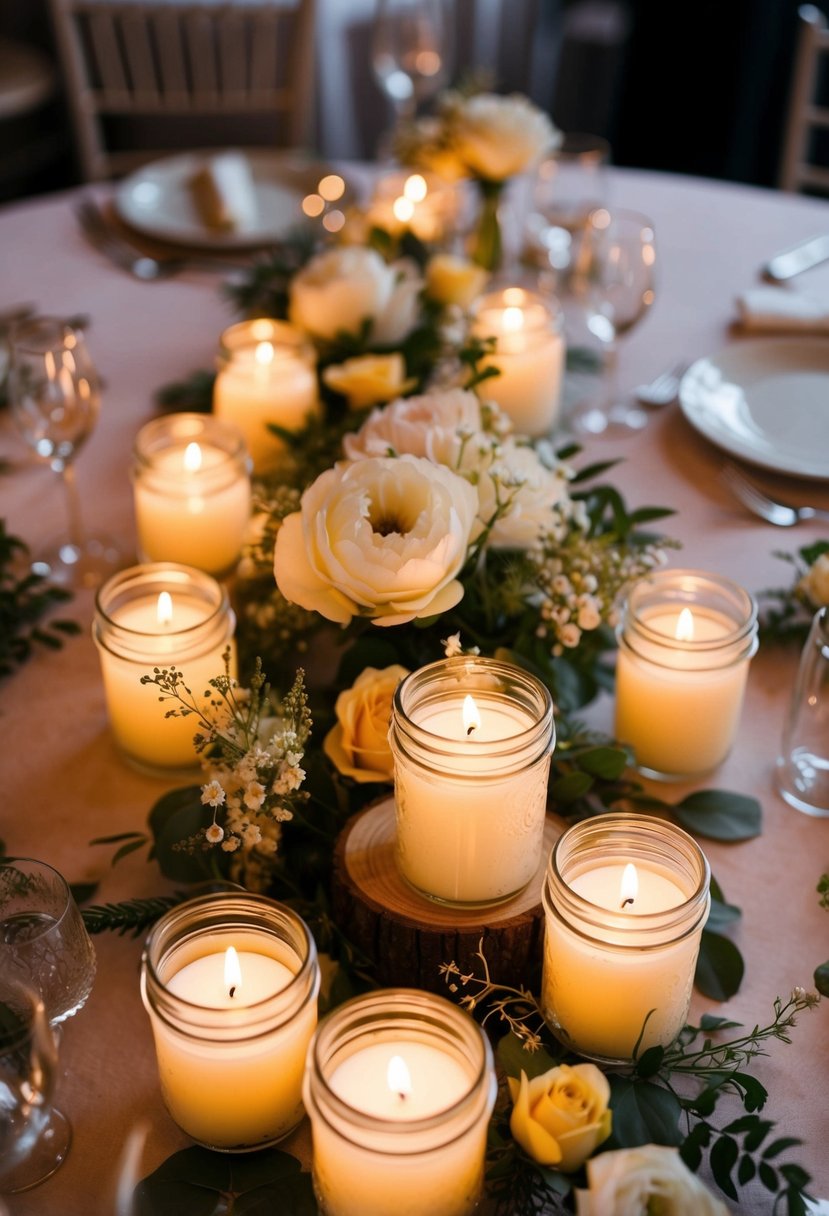 Mason jars filled with LED candles, surrounded by delicate floral arrangements, create a warm and romantic ambiance for a wedding centerpiece