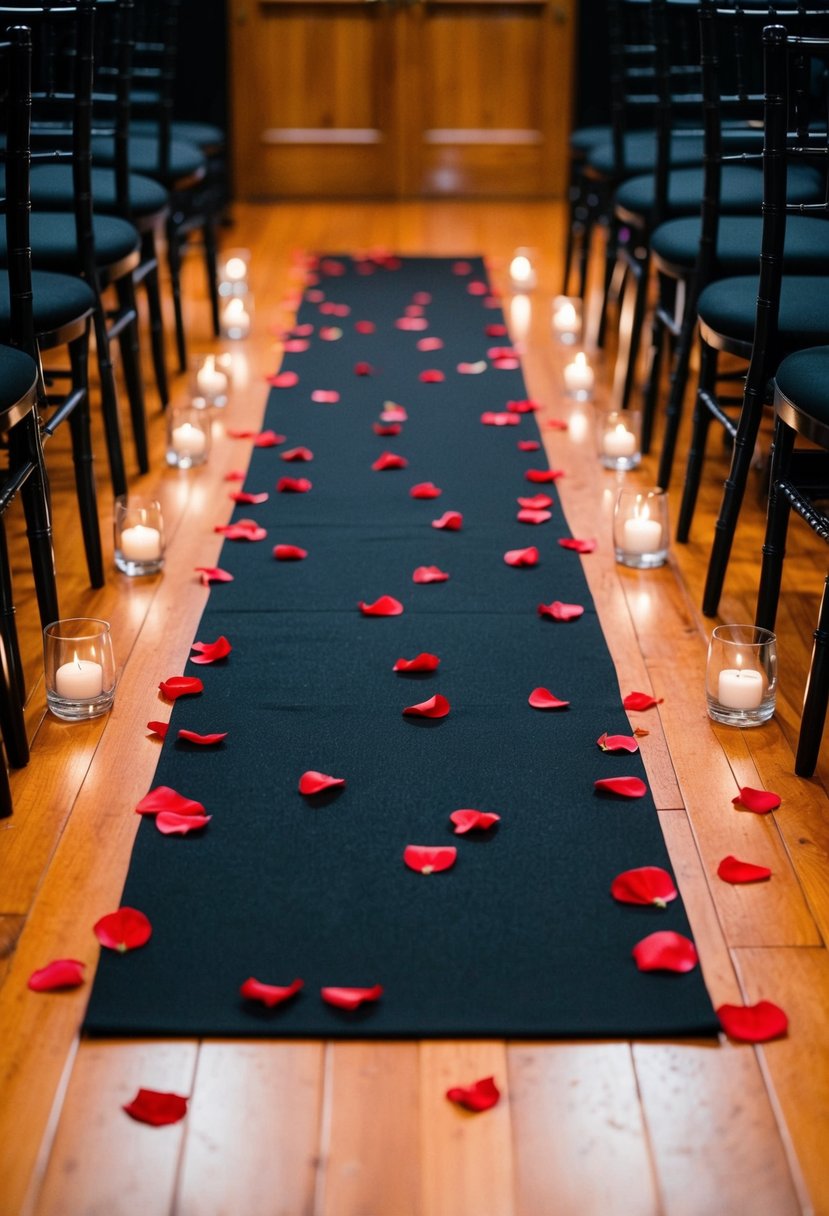 A black aisle runner adorned with scattered red petals