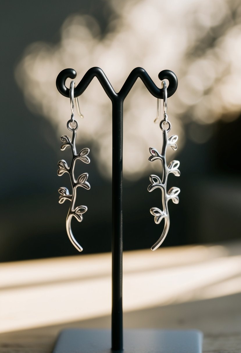 A pair of delicate silver vine earrings dangle from a display stand, catching the light and casting intricate shadows