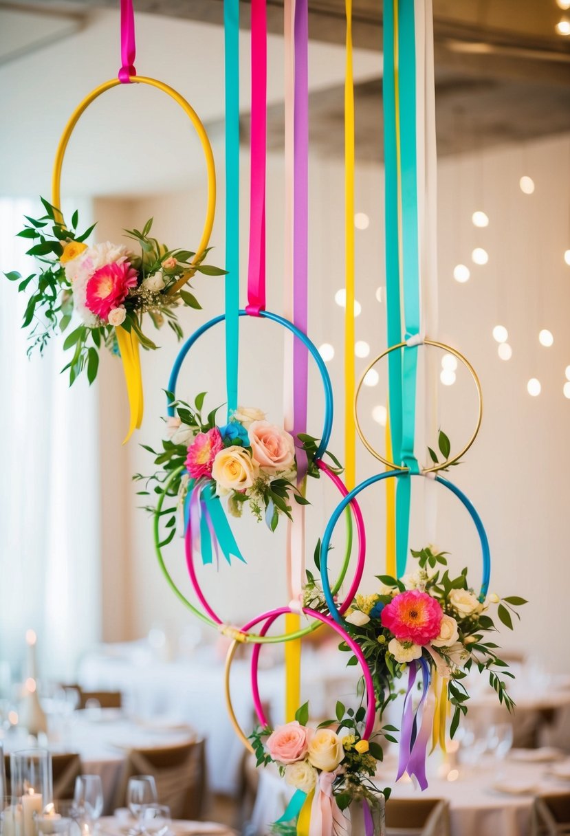 A cluster of colorful hoops suspended at varying heights, adorned with flowers and ribbons, creating a whimsical and playful wedding centerpiece