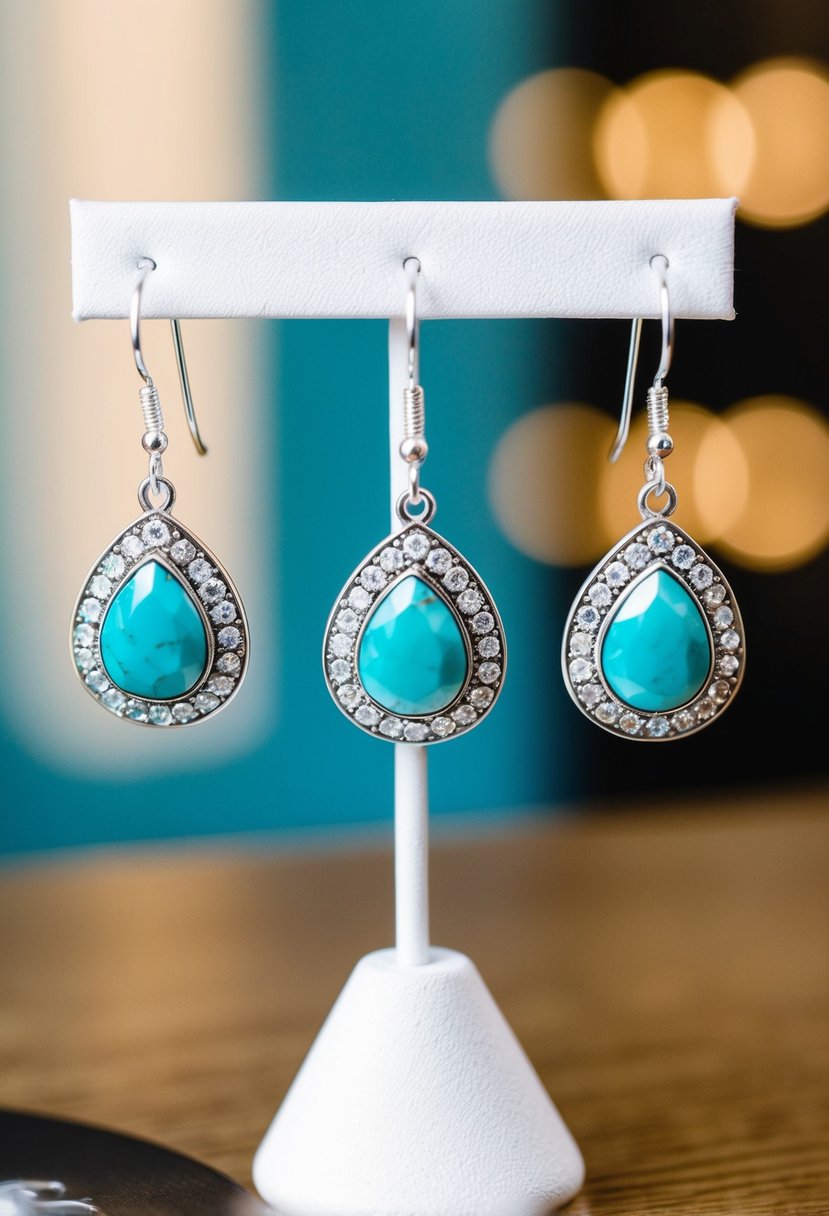 A sparkling silver earring with turquoise gemstones dangles from a display stand, catching the light