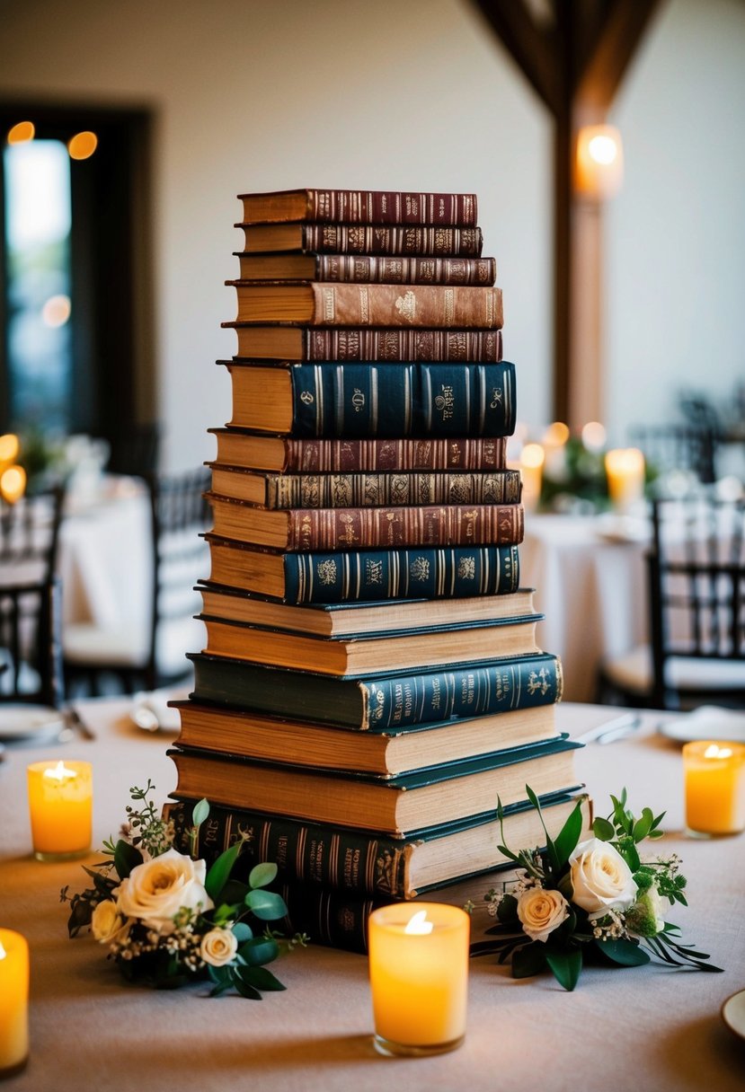 A stack of vintage books arranged as centerpieces on a table, surrounded by small floral arrangements and flickering candles