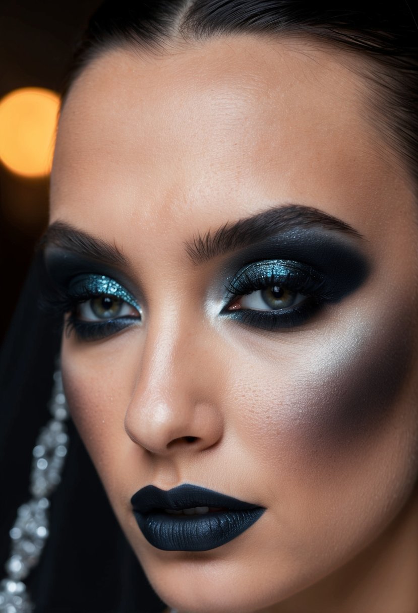 A close-up of a bold, smokey eye makeup look with dark, dramatic colors for a black wedding theme