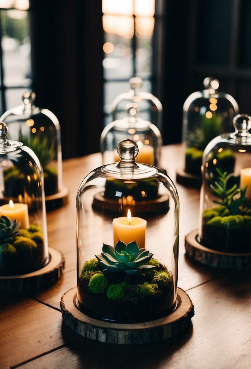 Several glass cloche terrariums arranged on a wooden table, each containing a miniature garden of succulents and moss. Soft candlelight illuminates the centerpiece