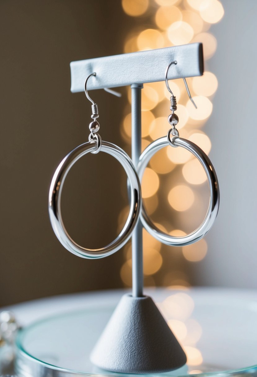 A pair of silver infinity hoops dangle from a jewelry stand, catching the light and showcasing elegant wedding earring ideas