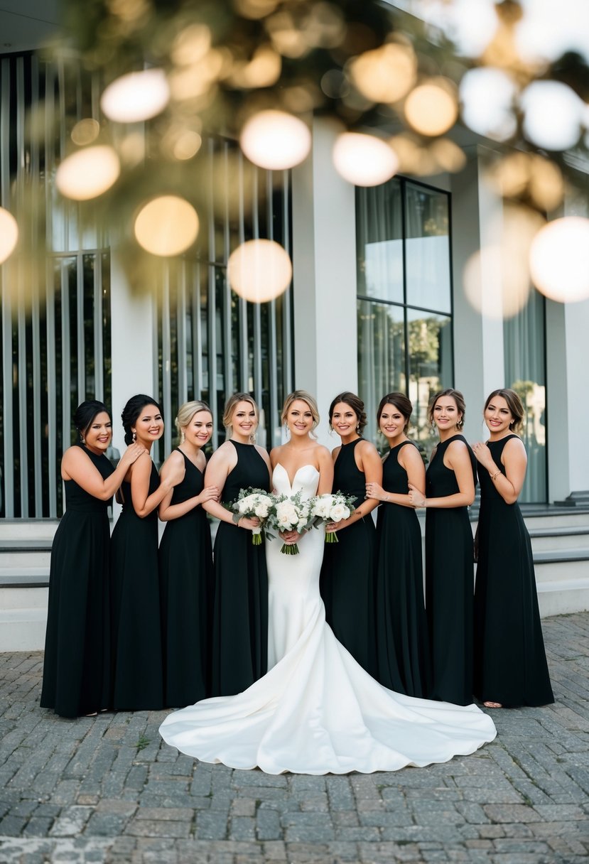 A group of elegant black bridesmaid dresses arranged in a stylish setting for a chic black wedding