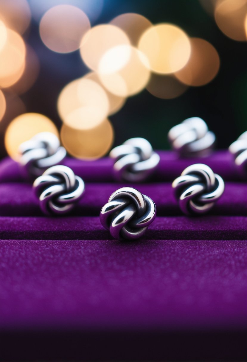 A close-up of sterling silver knot studs arranged on a velvet background