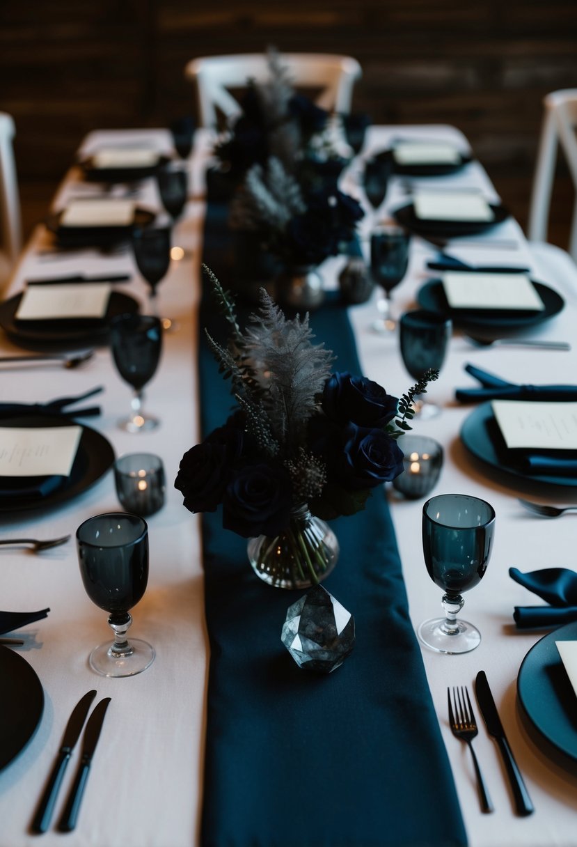 A dark, elegant wedding table adorned with charcoal and smokey quartz decorations