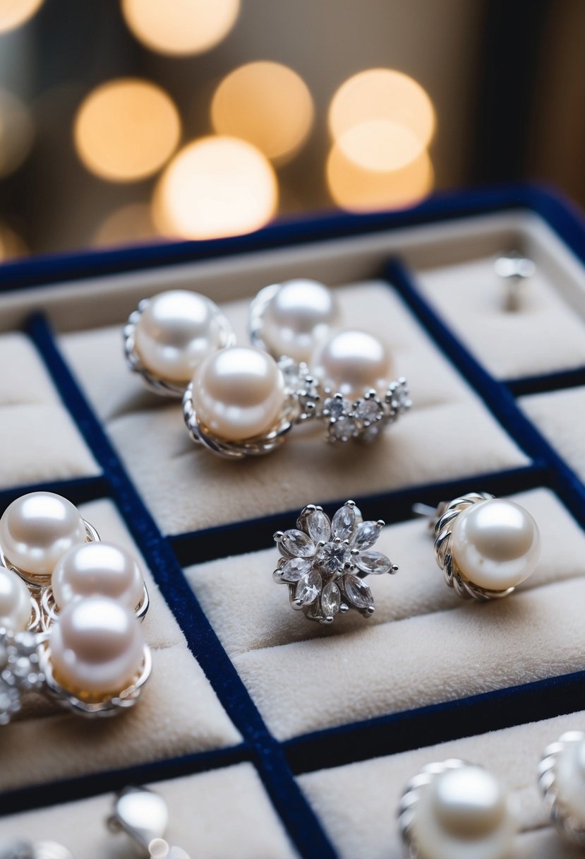 A delicate cluster of silver and pearl wedding earrings, arranged on a velvet-lined jewelry display