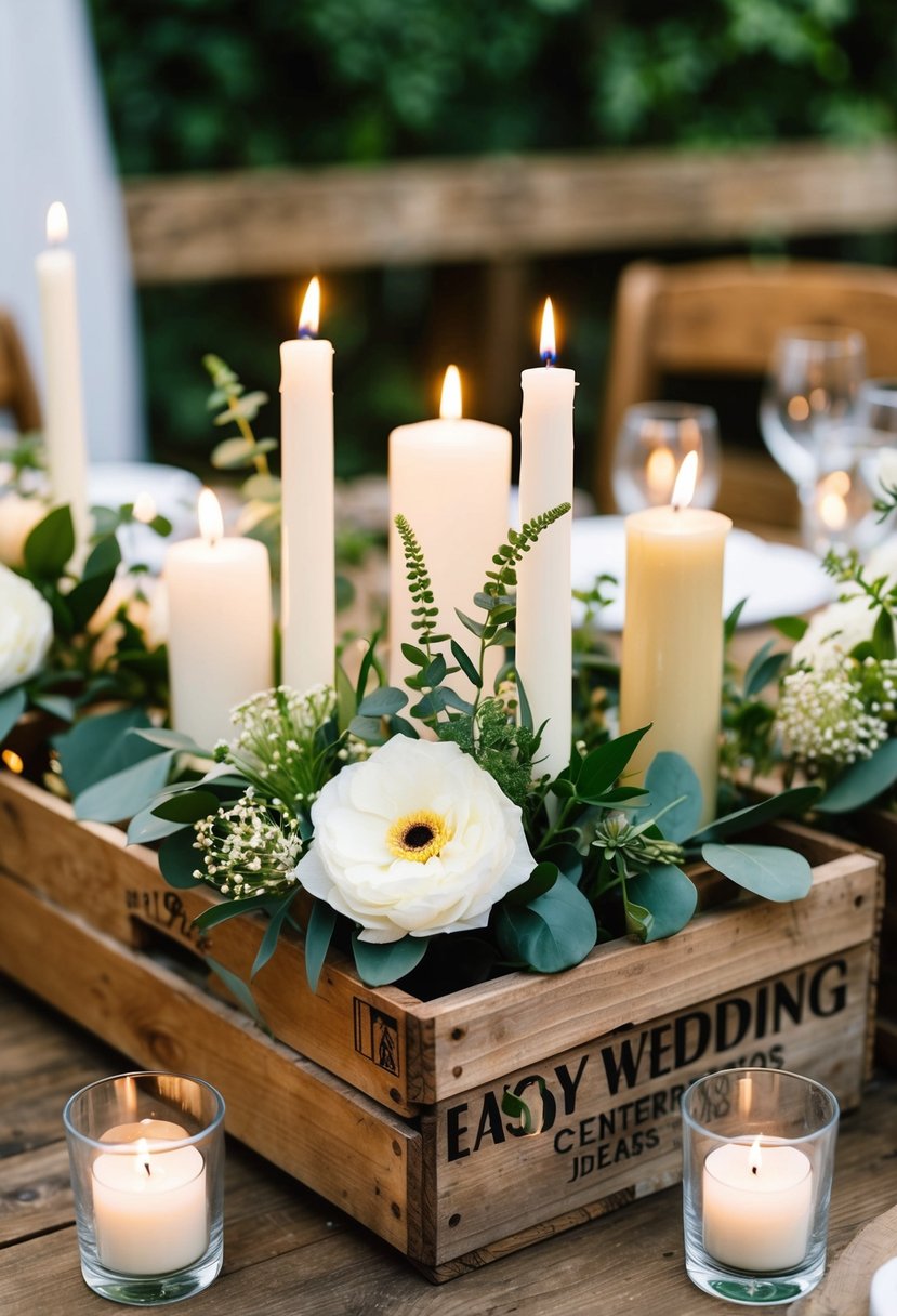 A rustic wooden crate holds various easy wedding centerpiece ideas, such as flowers, candles, and greenery, arranged in an elegant and charming display