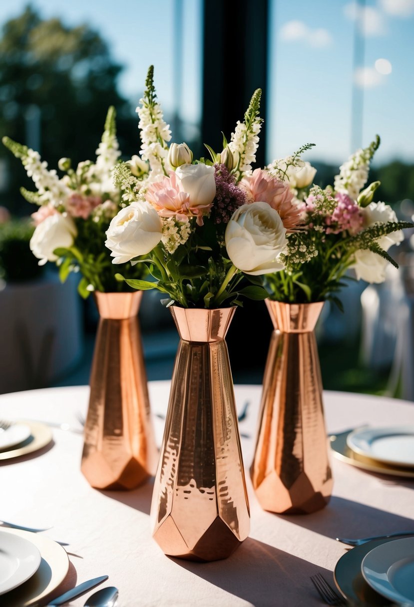 Three copper vases arranged in a geometric pattern on a table, filled with fresh flowers as a wedding centerpiece