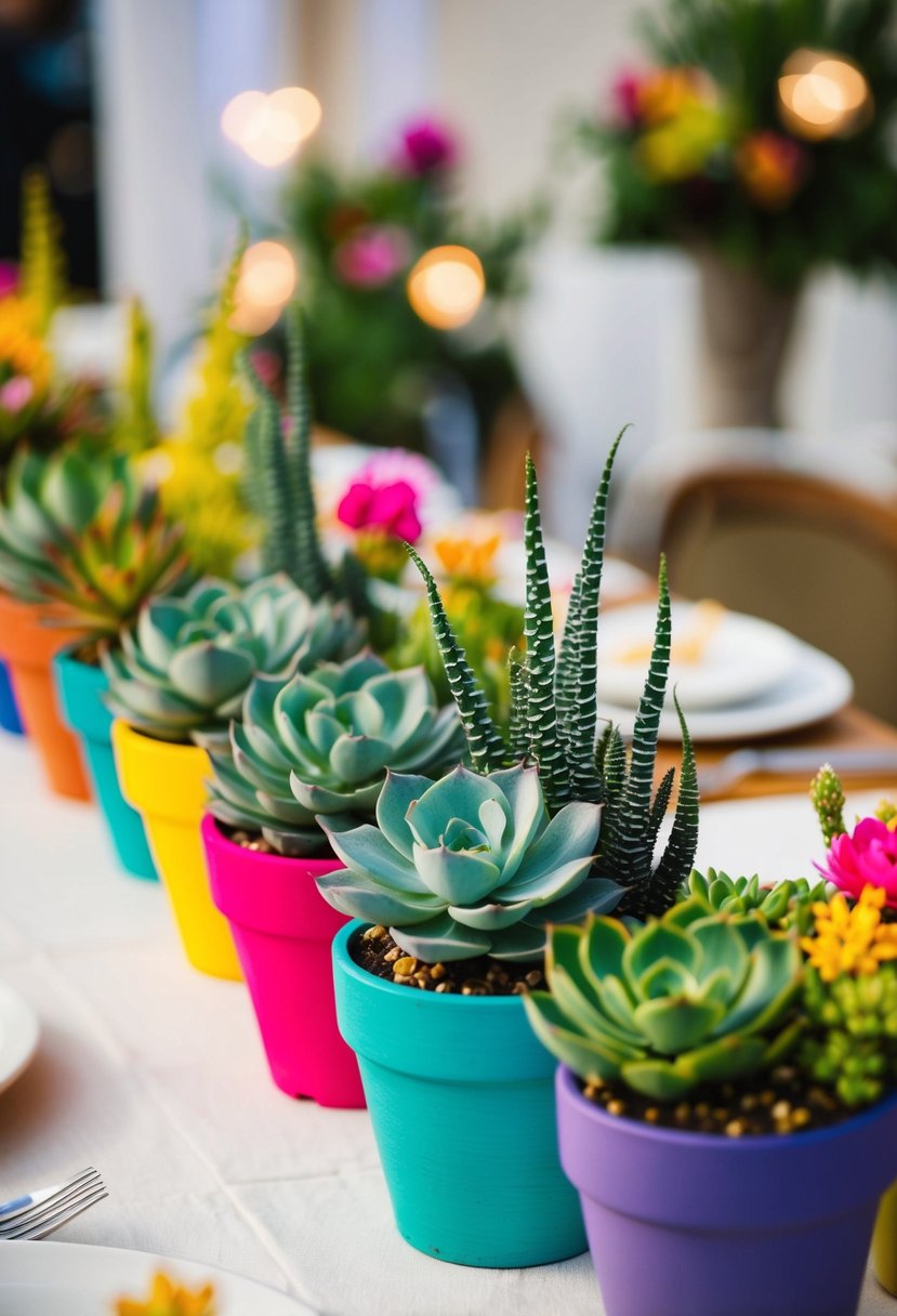 Vibrant succulent arrangements in colorful painted pots, arranged on a table as easy and elegant wedding centerpieces