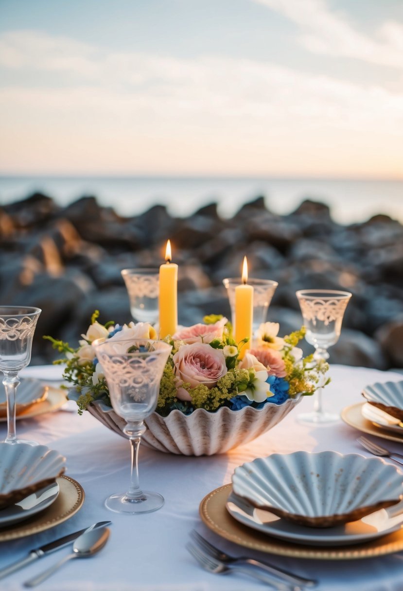 A table set with seaside shell bowls filled with flowers and candles