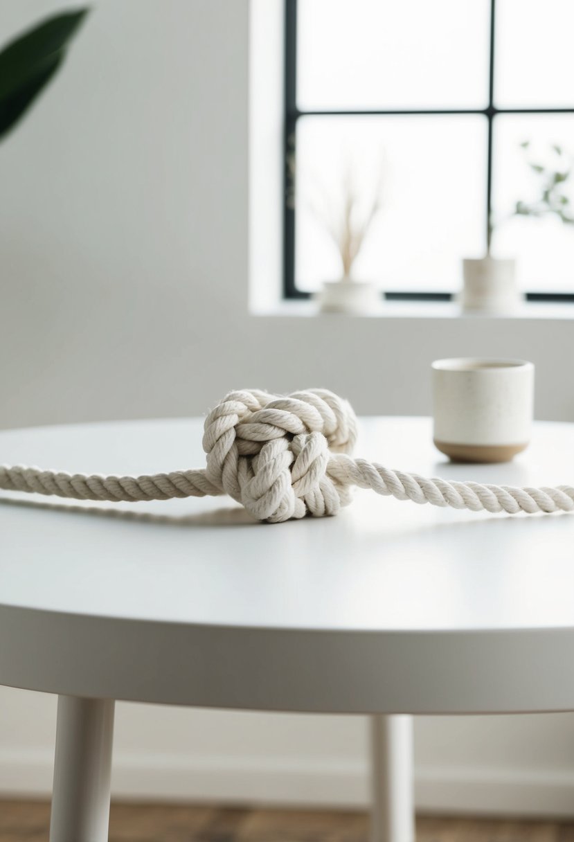 A white knotted rope arranged on a clean, minimalist table with a few simple decor items