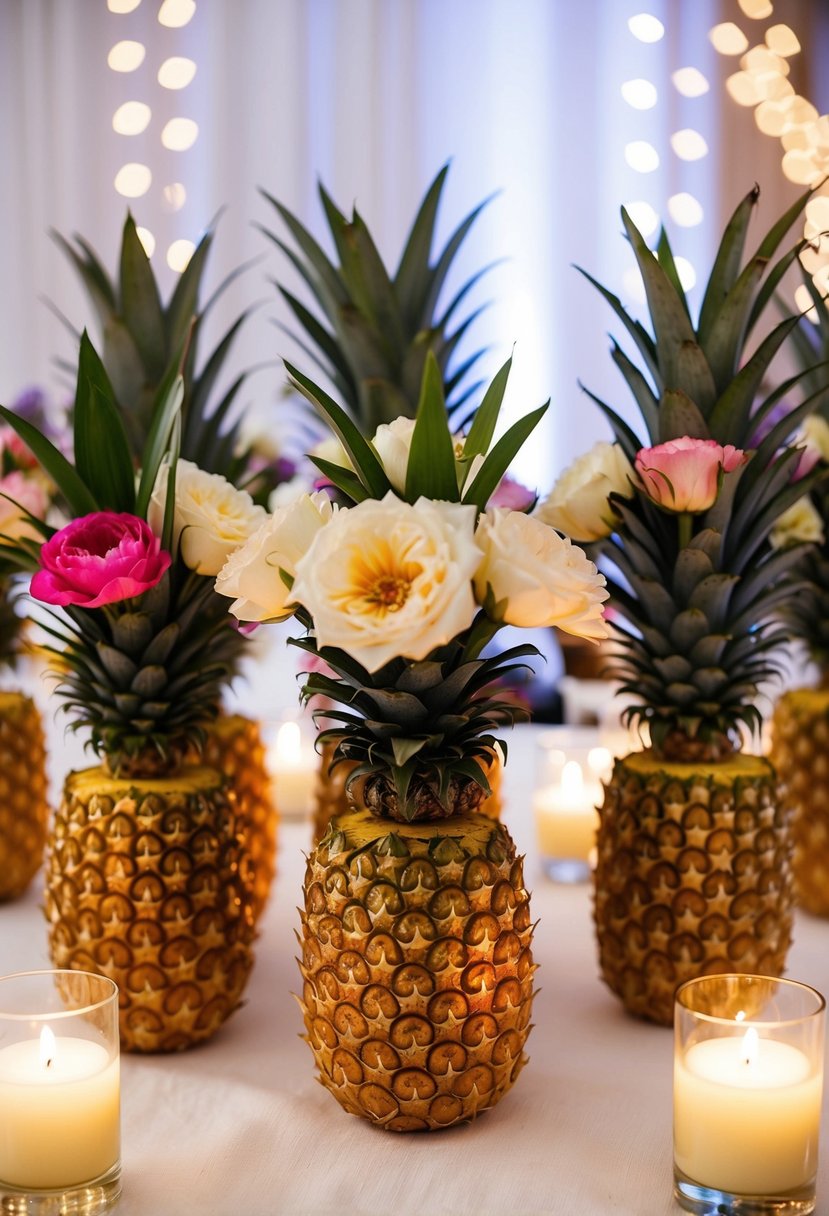 A cluster of gilded pineapple containers filled with flowers, set on a white tablecloth surrounded by flickering candles