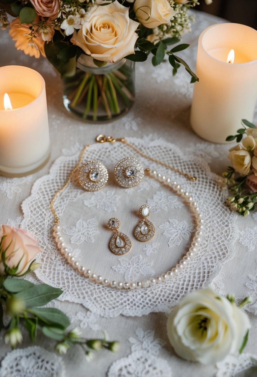 A sparkling pair of earrings and a delicate necklace arranged on a lace-covered table, surrounded by floral bouquets and soft candlelight