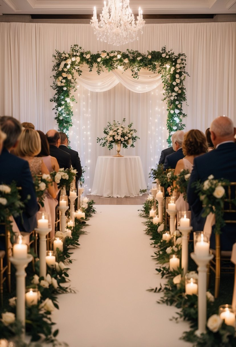 A flower-lined aisle leading to an elegant archway adorned with flowing drapery and twinkling lights