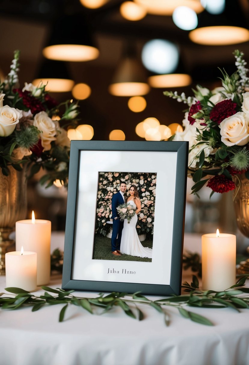 A personalized photo frame surrounded by floral arrangements and candles on a table