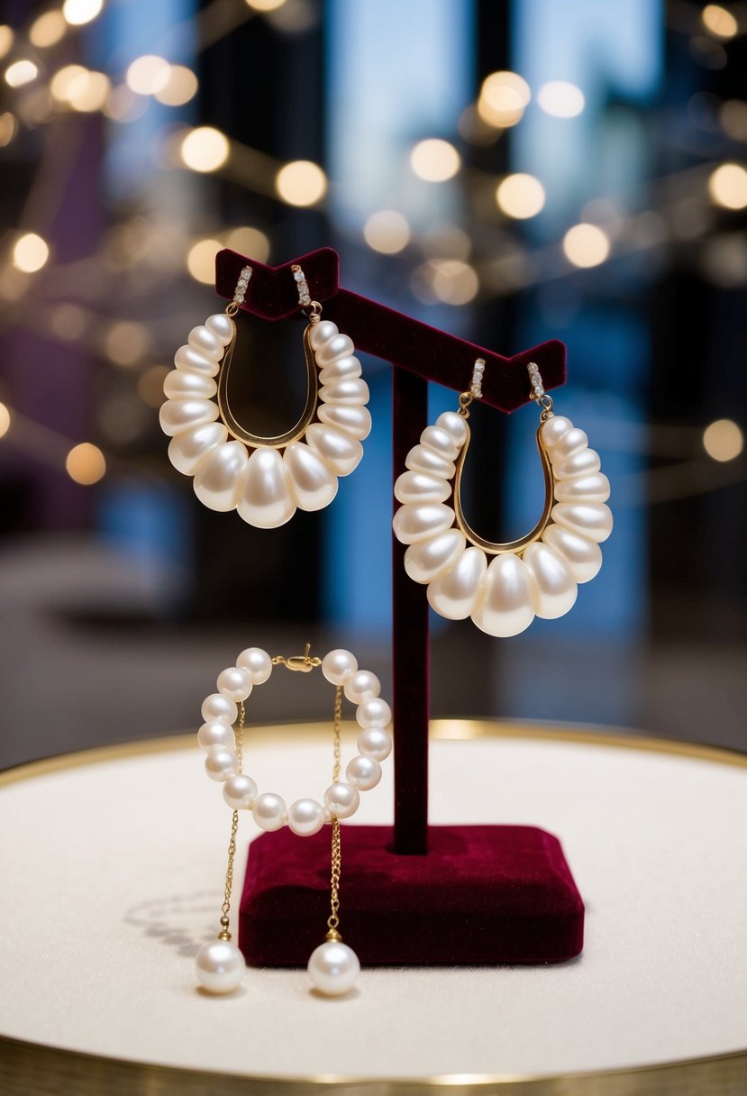 A pair of shell pearl front-back earrings and a matching necklace arranged on a velvet display stand