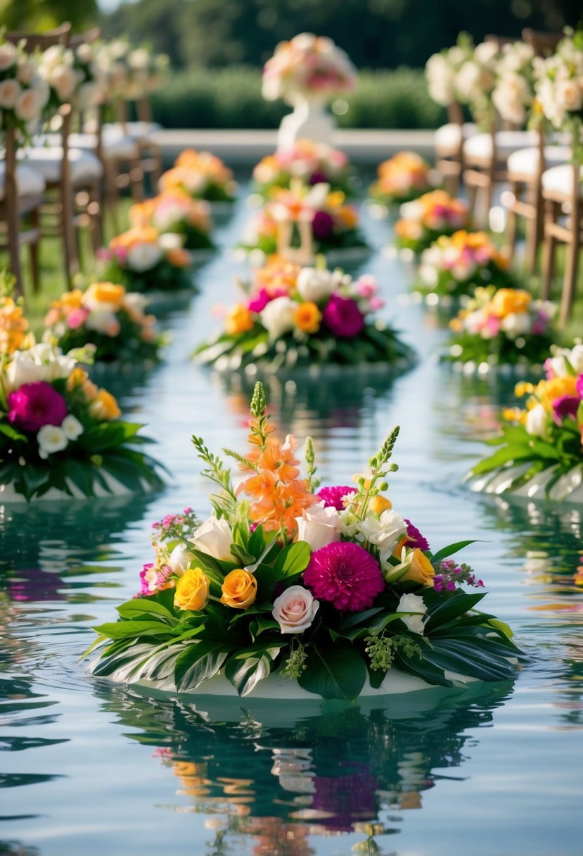 Lush, vibrant flowers arranged in floating arrangements along a serene water aisle, creating a romantic and ethereal atmosphere for a wedding ceremony