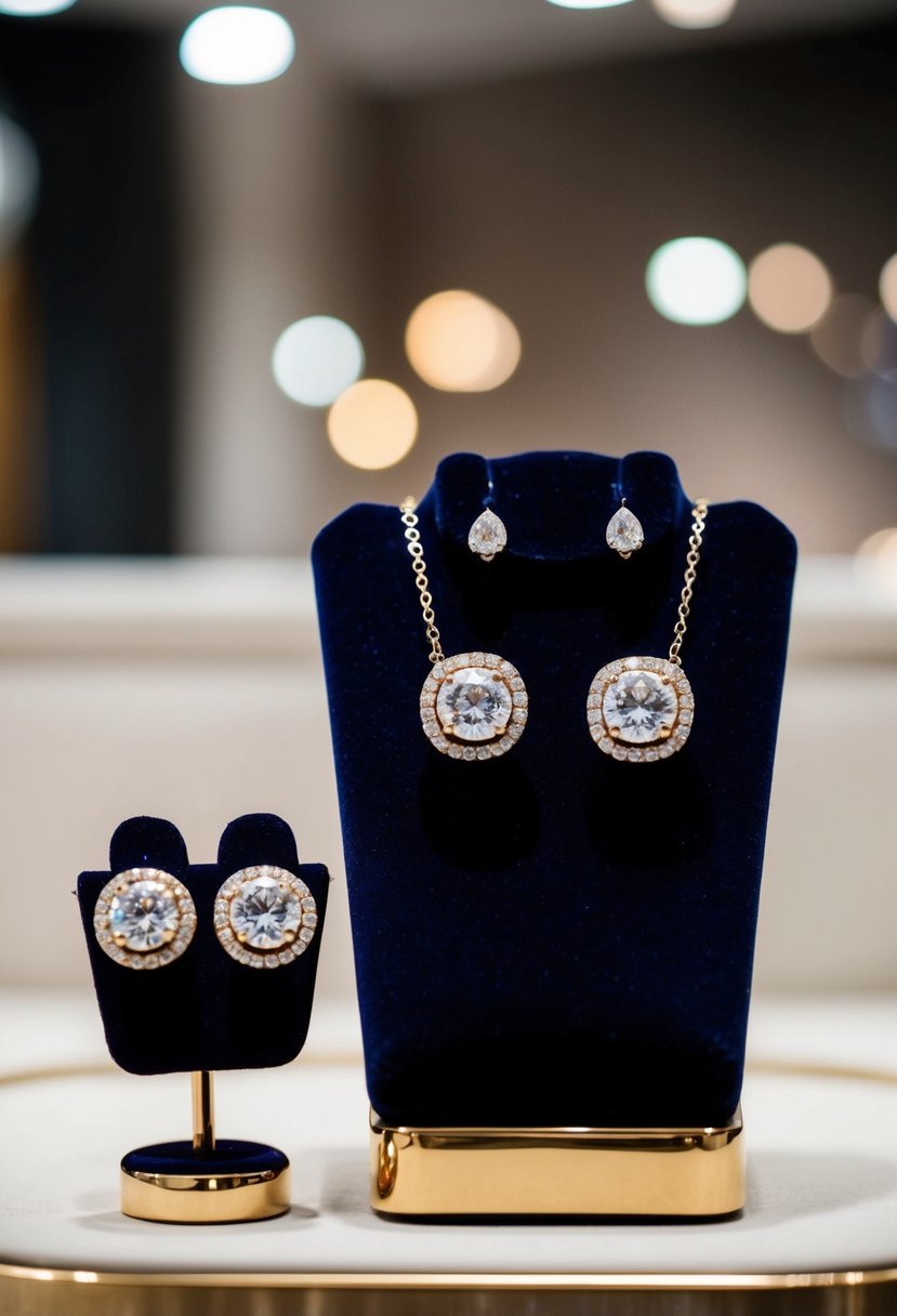 Two sparkling halo diamond stud earrings and a matching necklace displayed on a luxurious velvet jewelry stand