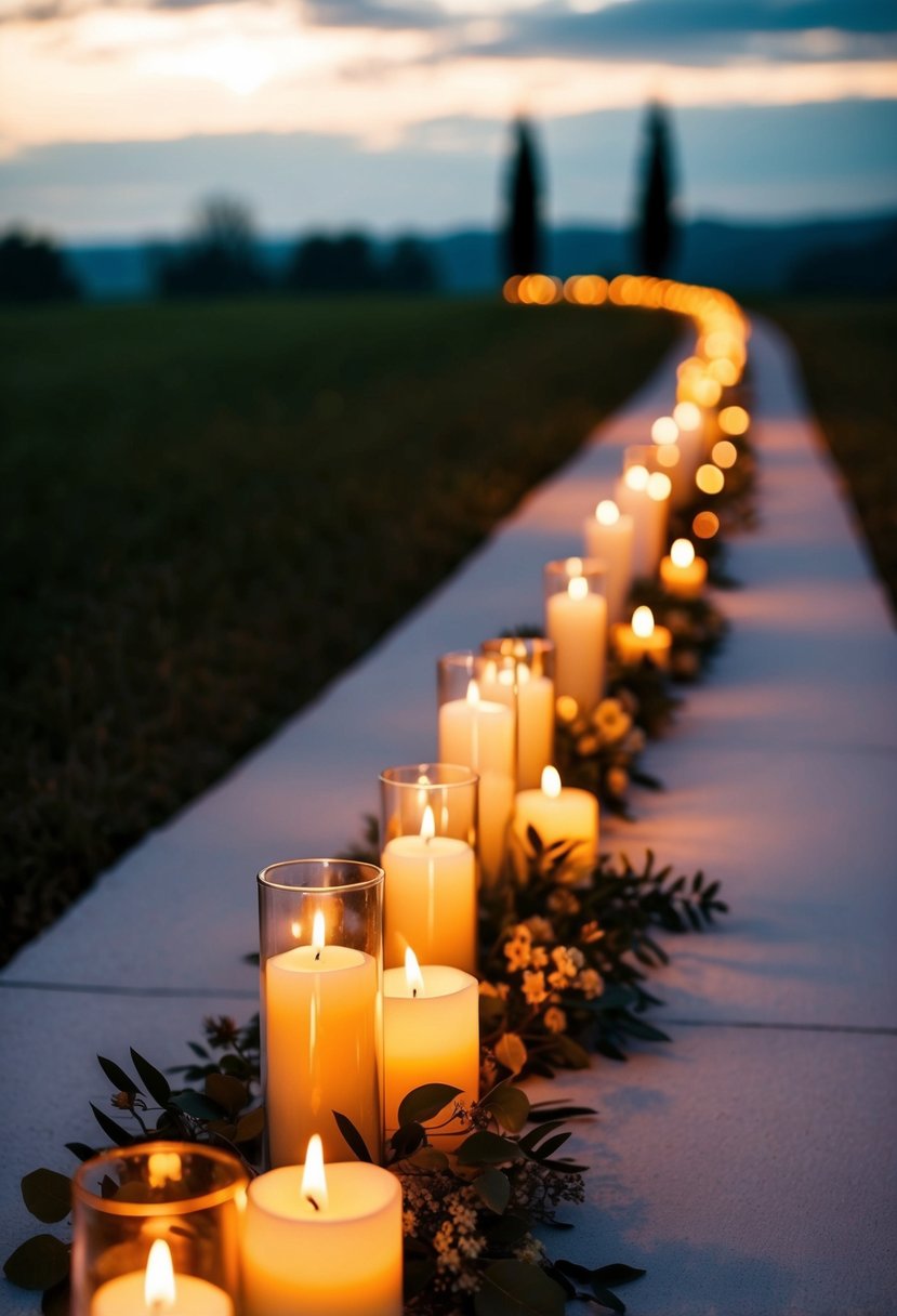 Candles illuminate a pathway, casting a warm glow for a wedding aisle