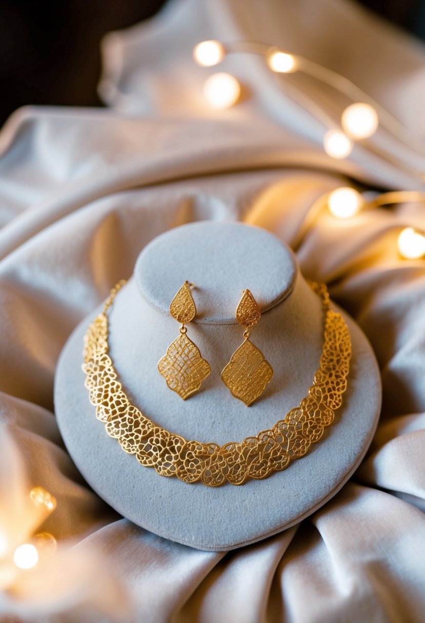 A delicate gold filigree necklace and earring set displayed on a velvet cushion, surrounded by soft, romantic lighting