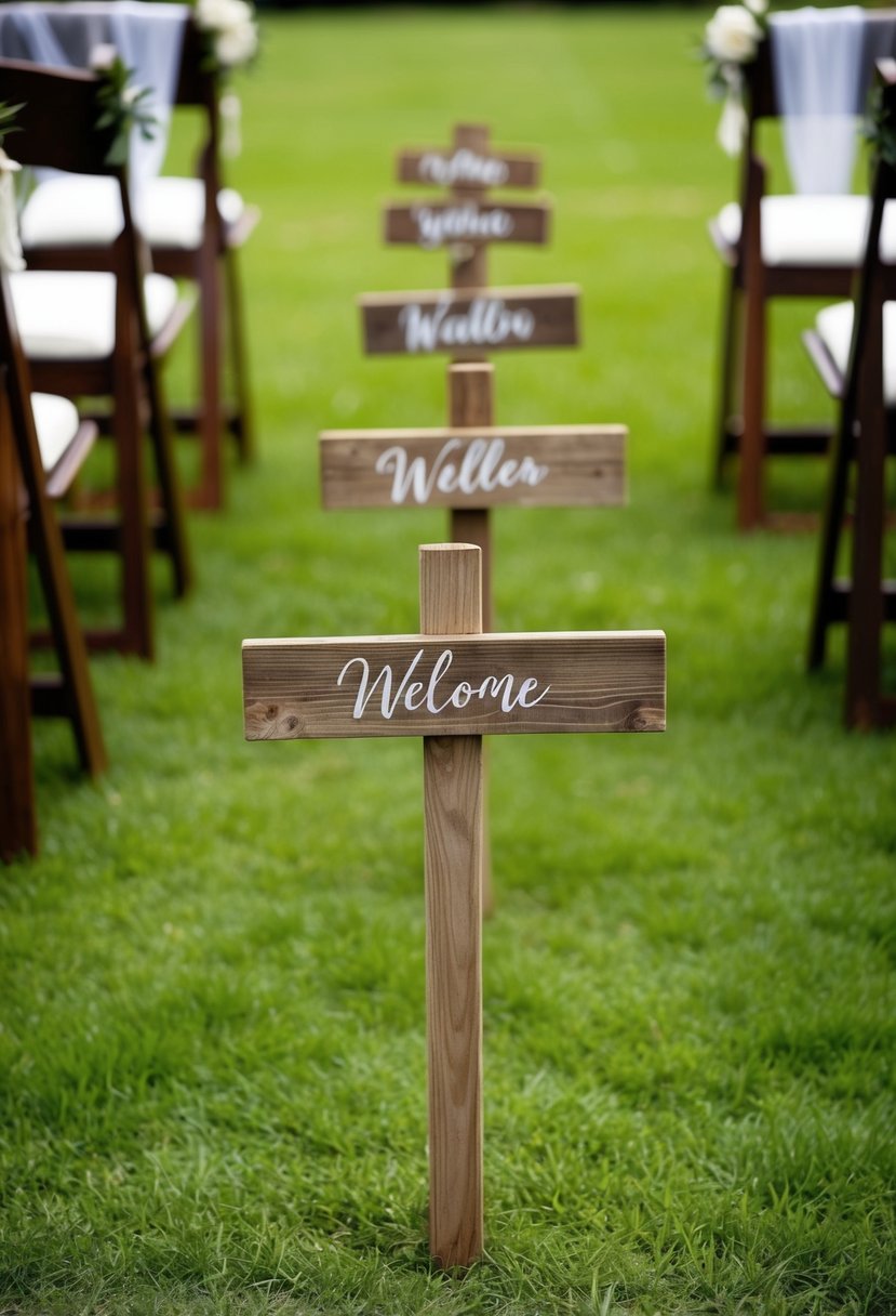 Rustic wooden aisle markers line a grassy wedding aisle