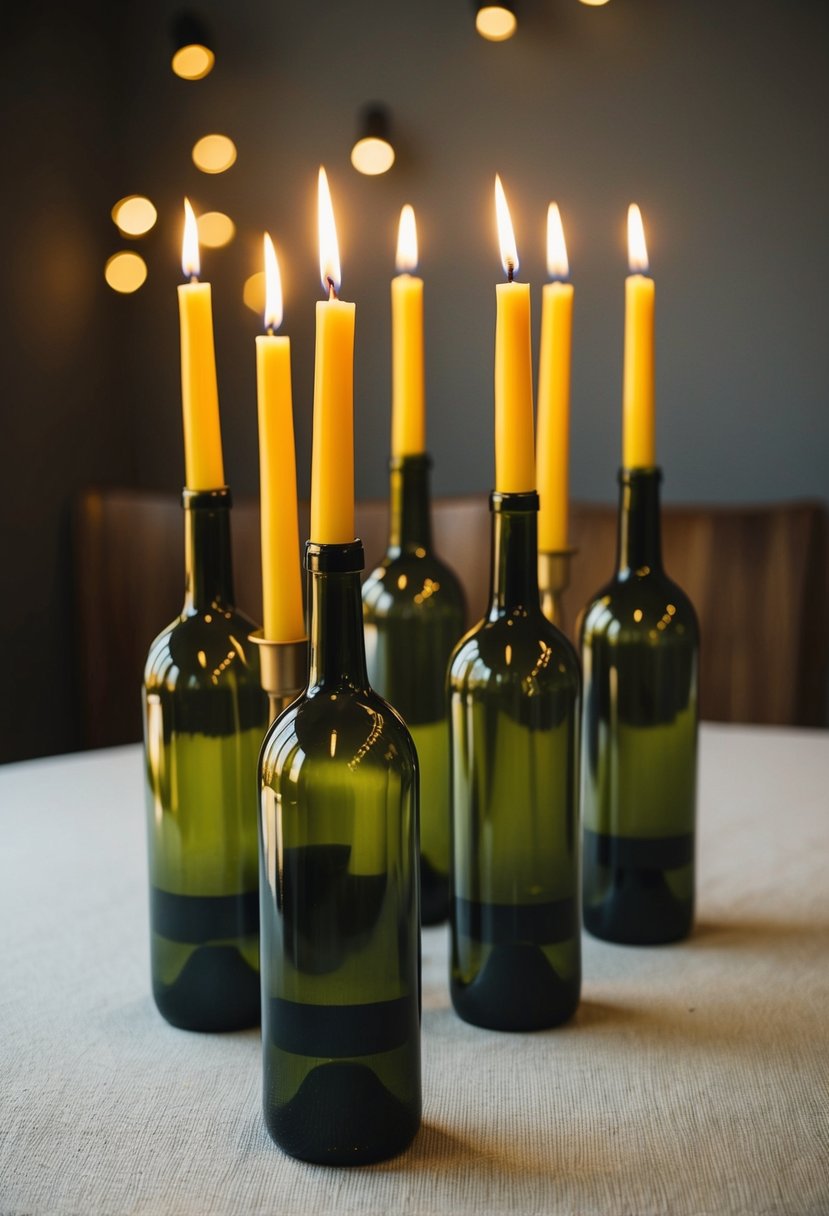 Empty wine bottles with tapered candles inserted, arranged in a cluster on a table