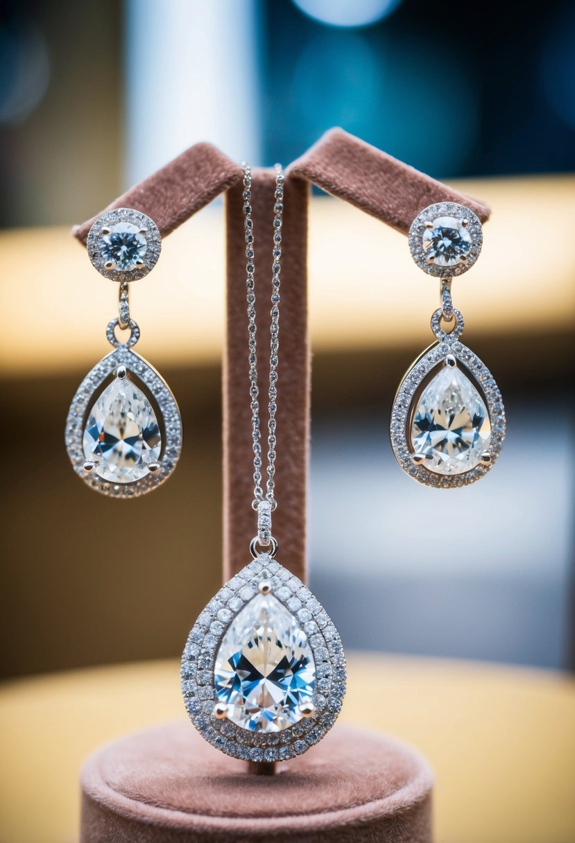 A sparkling pair of diamond drop earrings and a matching necklace displayed on a velvet jewelry stand