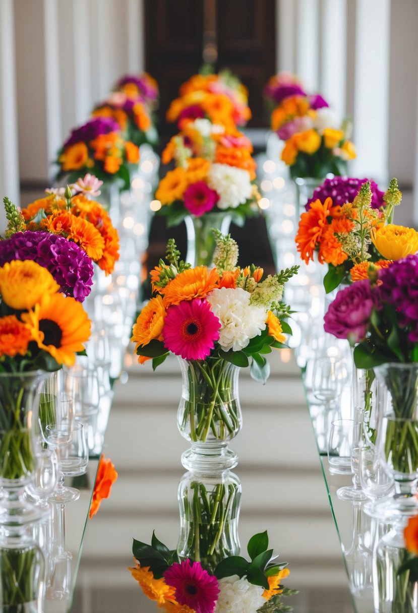 Vases filled with vibrant flowers line a mirrored wedding aisle