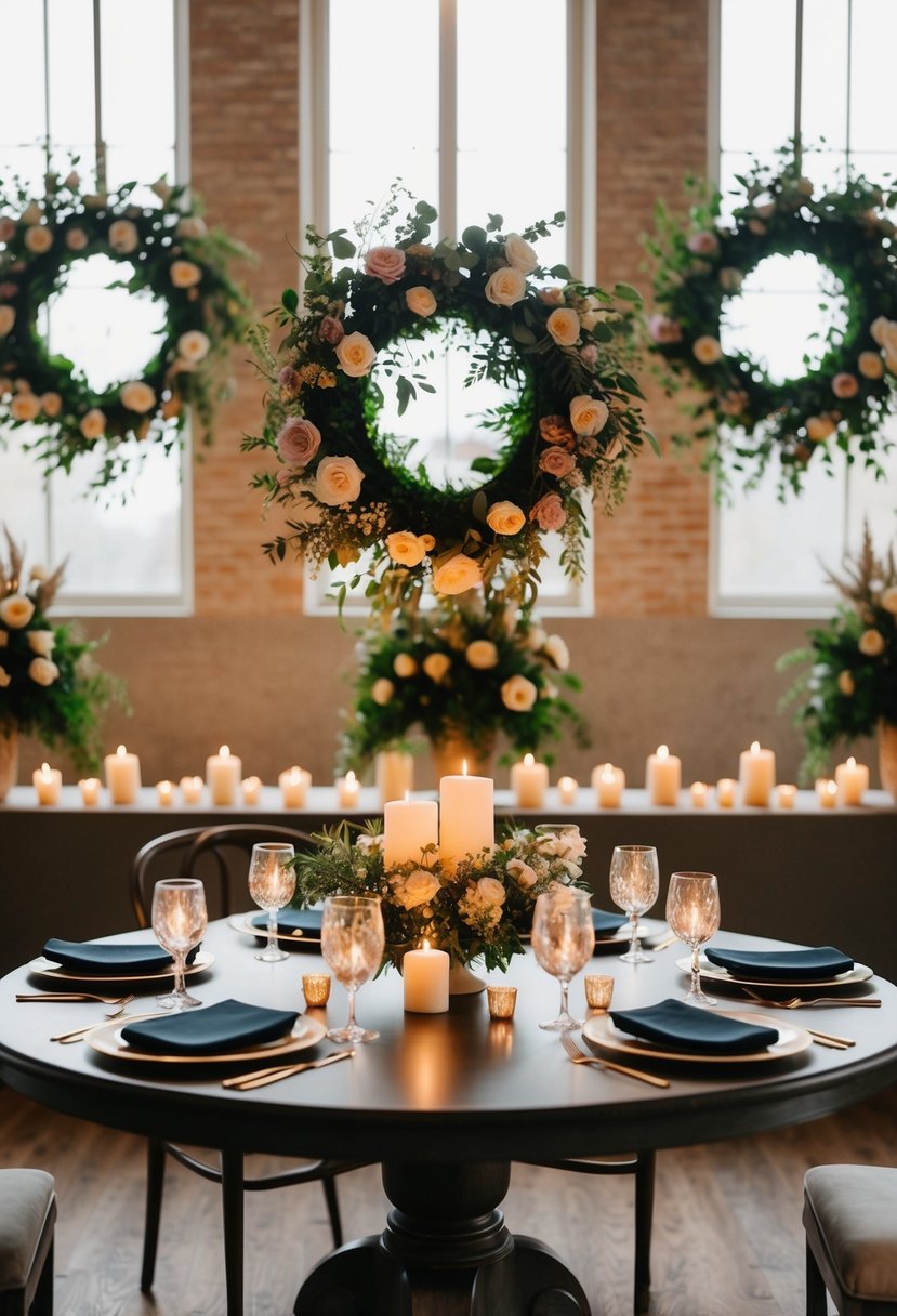 A round table adorned with hanging floral wreaths and surrounded by votive candles