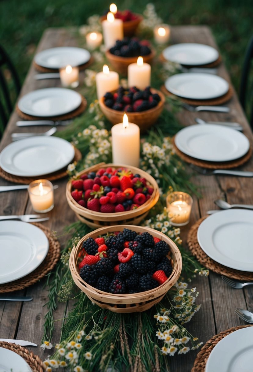 A rustic wooden table adorned with various berry-filled baskets, surrounded by wildflowers and flickering candles