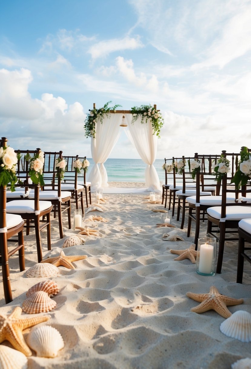 A sandy beach wedding aisle lined with starfish decor and seashells, leading to an oceanfront altar under a billowing white canopy