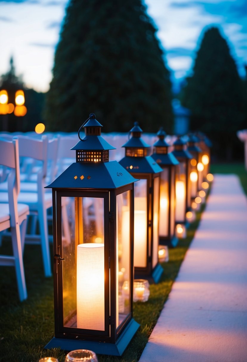 A row of vintage lanterns illuminates a wedding aisle at dusk