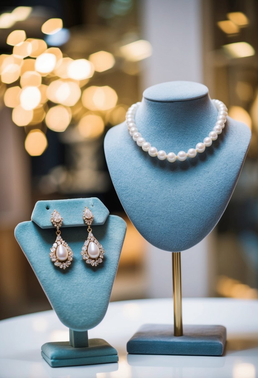 A delicate pearl choker necklace sits next to a pair of elegant wedding earrings on a velvet display stand