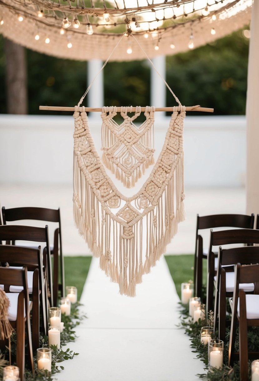 A boho-style macramé hanging decorates a wedding aisle