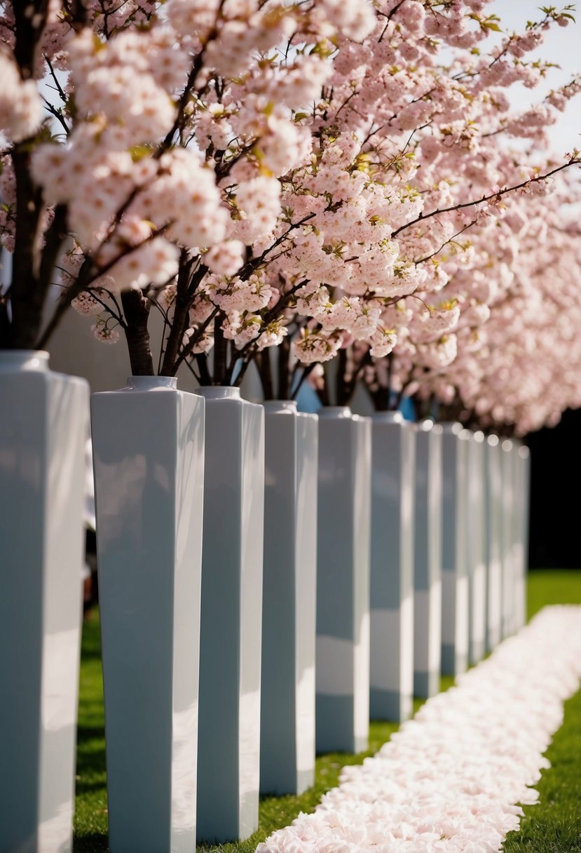 Cherry blossoms in tall vases line a wedding aisle