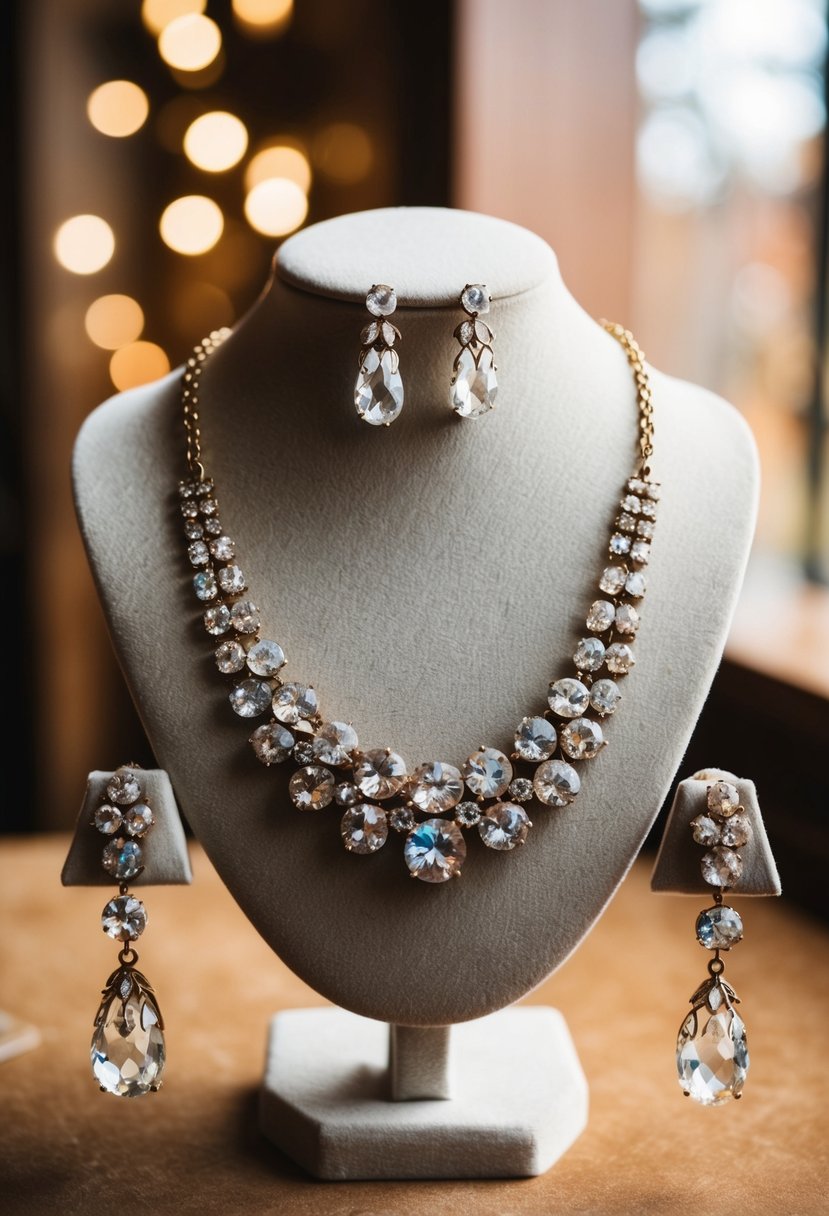 A vintage crystal necklace and matching earrings displayed on a velvet jewelry stand with soft lighting