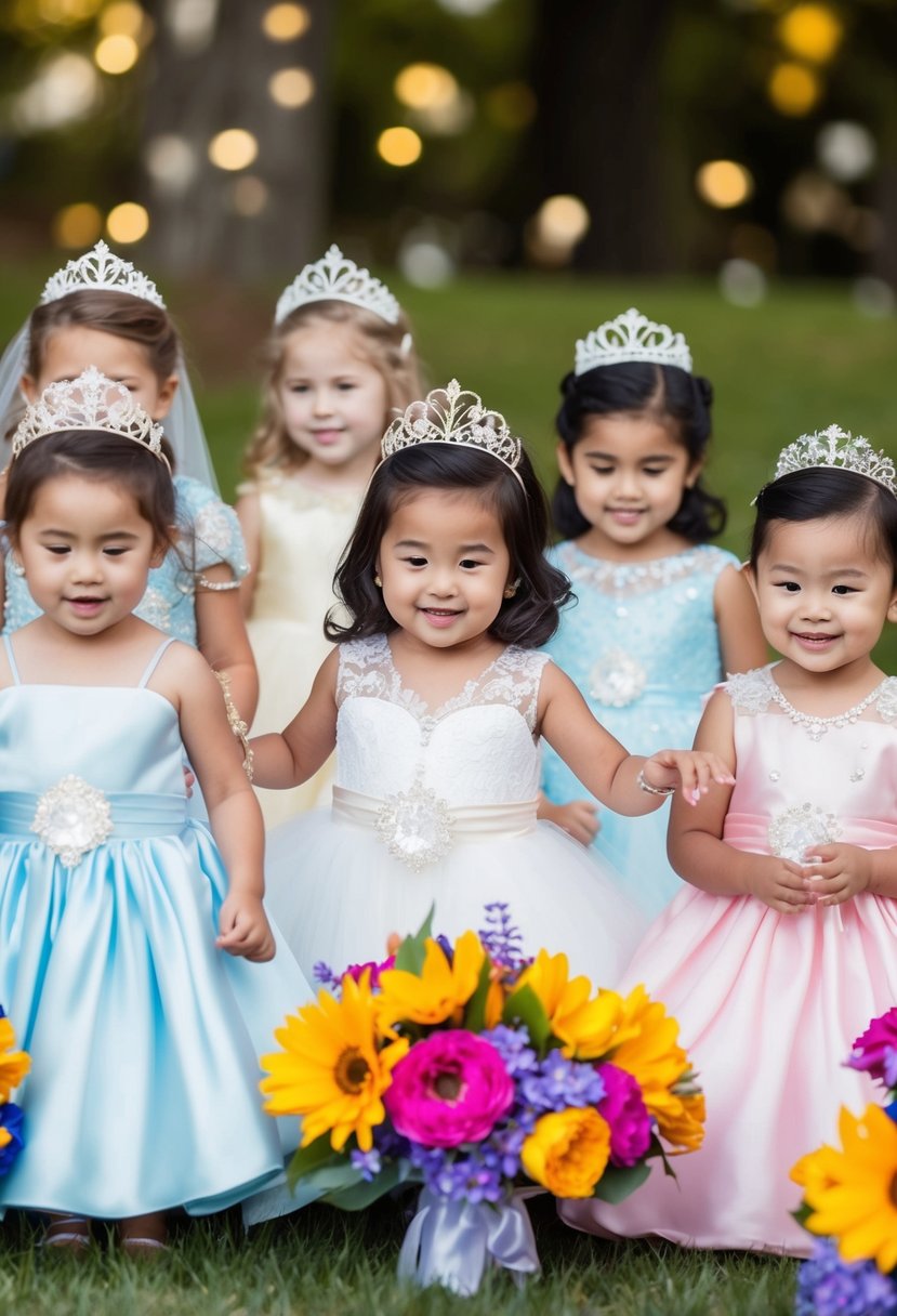 A group of young children playing dress-up in adorable mini wedding gowns, surrounded by colorful flower bouquets and sparkling tiaras