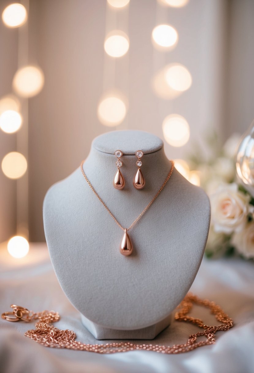 A delicate teardrop rose gold earrings and necklace set displayed on a velvet jewelry stand, surrounded by soft, romantic lighting