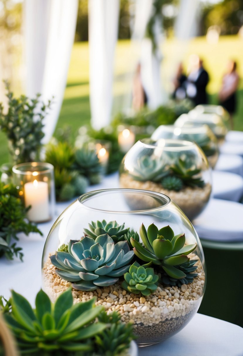 Lush succulent-filled terrariums line the wedding aisle, creating a serene and natural atmosphere