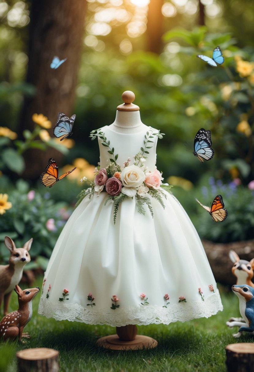 A whimsical garden setting with a child-sized wedding dress adorned with floral details, surrounded by butterflies and other woodland creatures