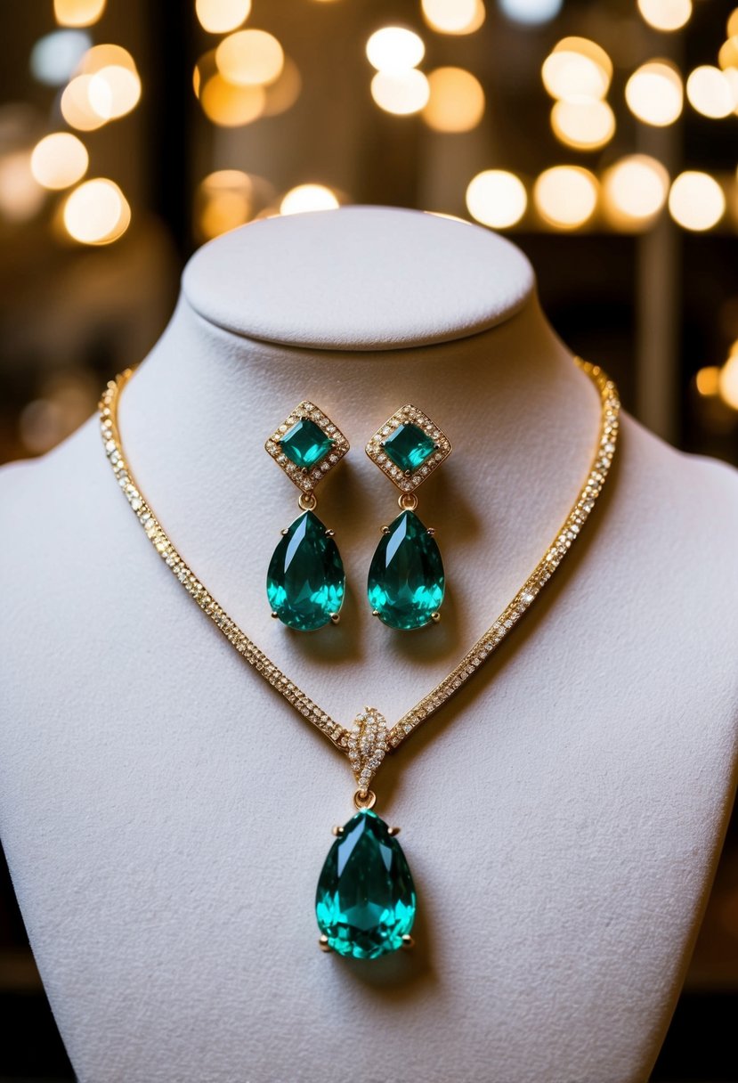 A sparkling emerald-cut drop necklace and matching earrings on a velvet jewelry display