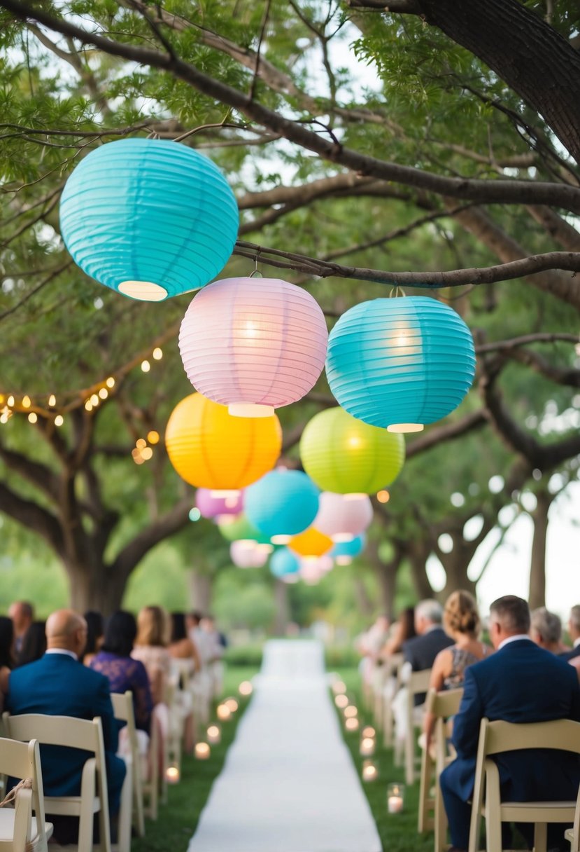 Colorful paper lanterns hang from tree branches, lining a wedding aisle. Soft light filters through the delicate designs, creating a romantic and whimsical atmosphere