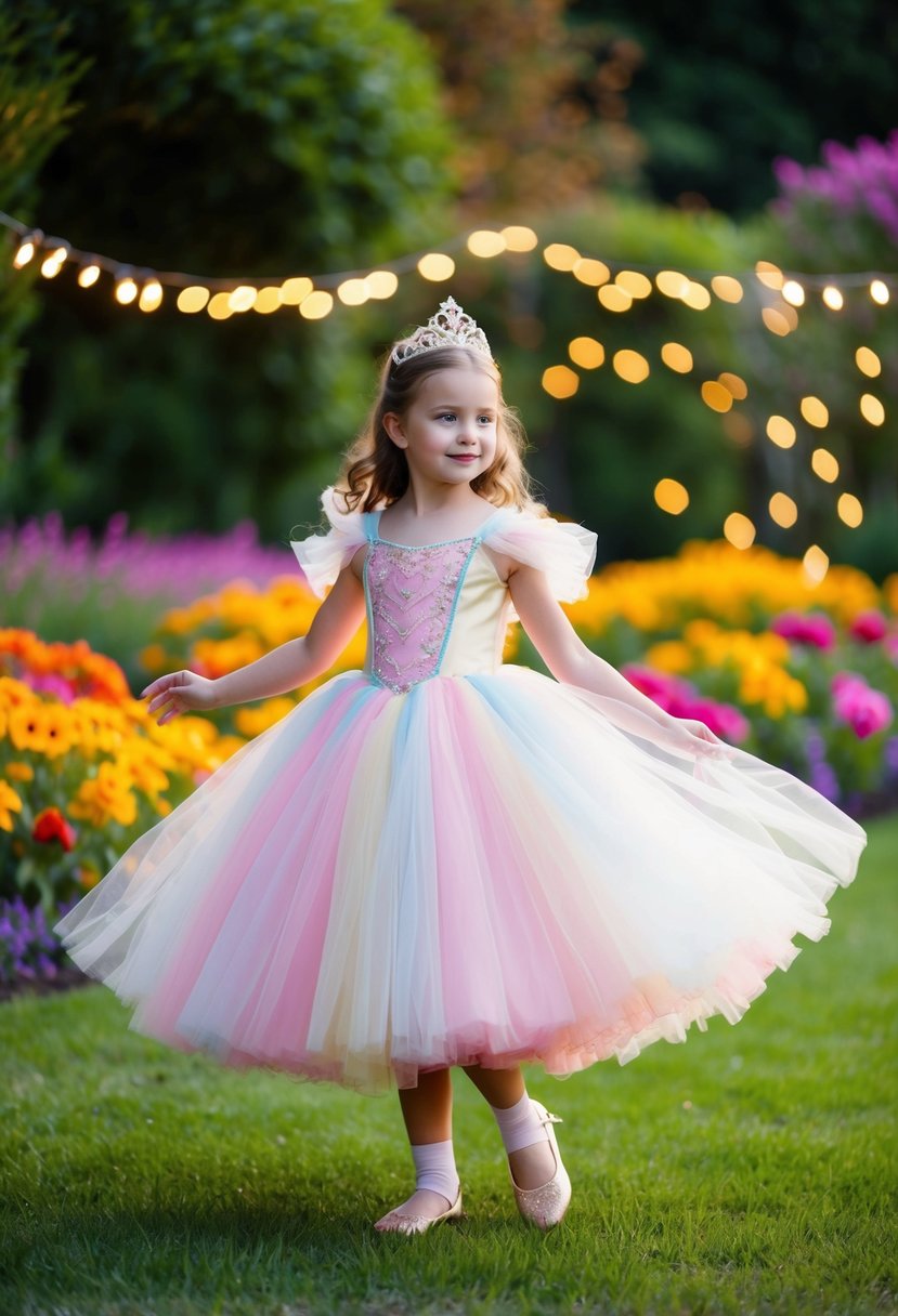 A young girl twirls in a full tulle princess gown, surrounded by a garden of colorful flowers and twinkling fairy lights