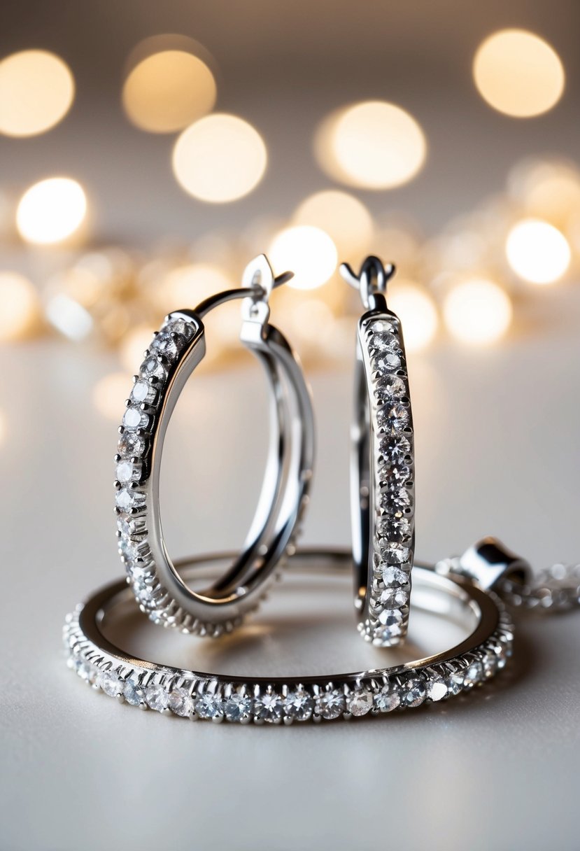 A sparkling Swarovski crystal hoop earring and necklace set, glinting in soft bridal light