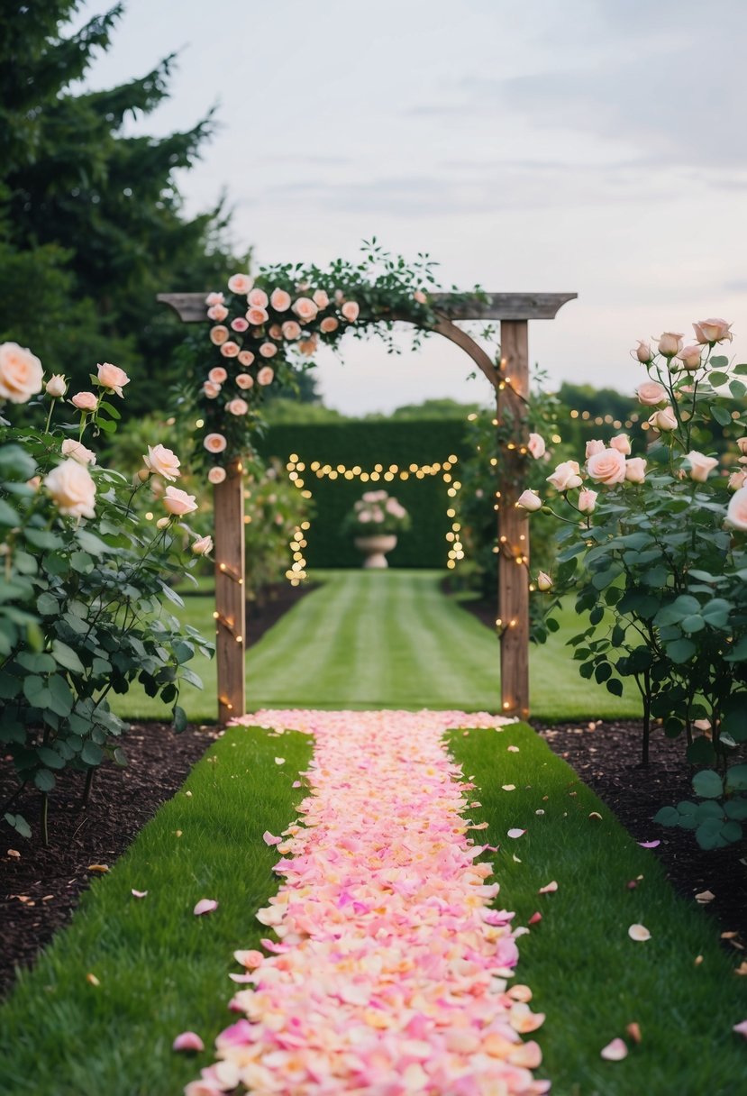 Rose petals form a path down the center of a lush green garden, leading to a rustic wooden arch adorned with delicate roses and twinkling fairy lights