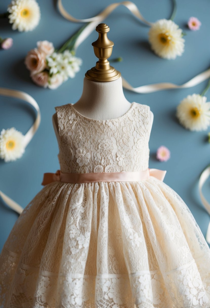 A vintage lace dress on a child mannequin, surrounded by delicate flowers and ribbons