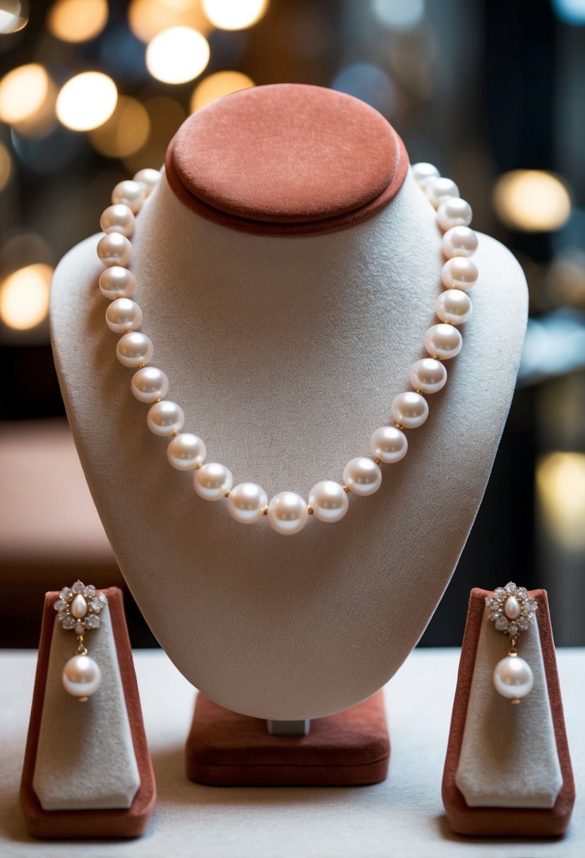 A elegant baroque pearl necklace and matching earrings displayed on a velvet jewelry stand